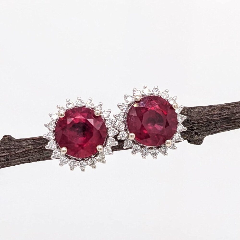 Madagascar Ruby Earrings in Solid 14K White Gold with Natural Diamond Halo - Picture 5 of 10